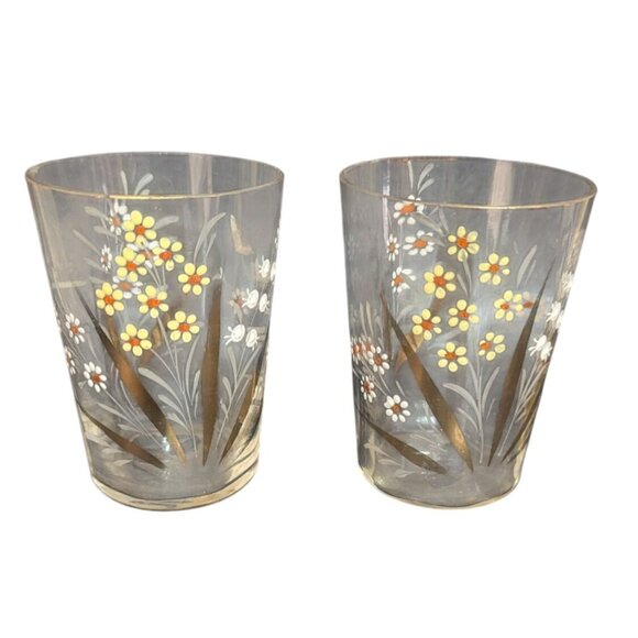 Hand-Painted Vintage Flower Glasses Set Of 2 Elegant Clear Tumblers With Yellow - Picture 7 of 8